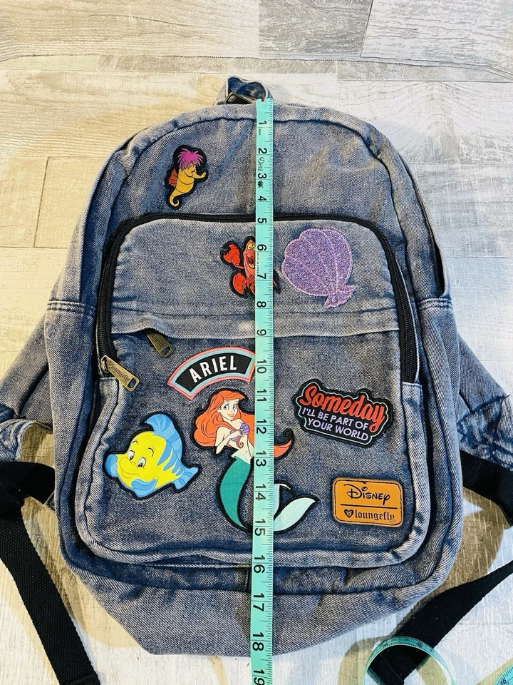 Disney Loungefly Ariel Little Mermaid Flounder Blue Denim Backpack With Patches - Image 4 of 4