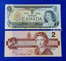 Canada Banknote 1973 $1 One & 1986 $2 Two Dollar Rare Old Paper Money Crisp Bill