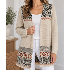 One World Womens Aztec Cardigan Size M Cream Long Line Open Front Boho Western