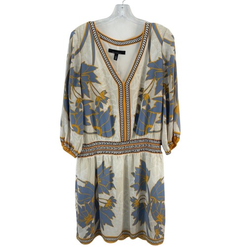 WHBM Cream & Blue Floral V-Neck Blouson Dress Women’s Large Preowned