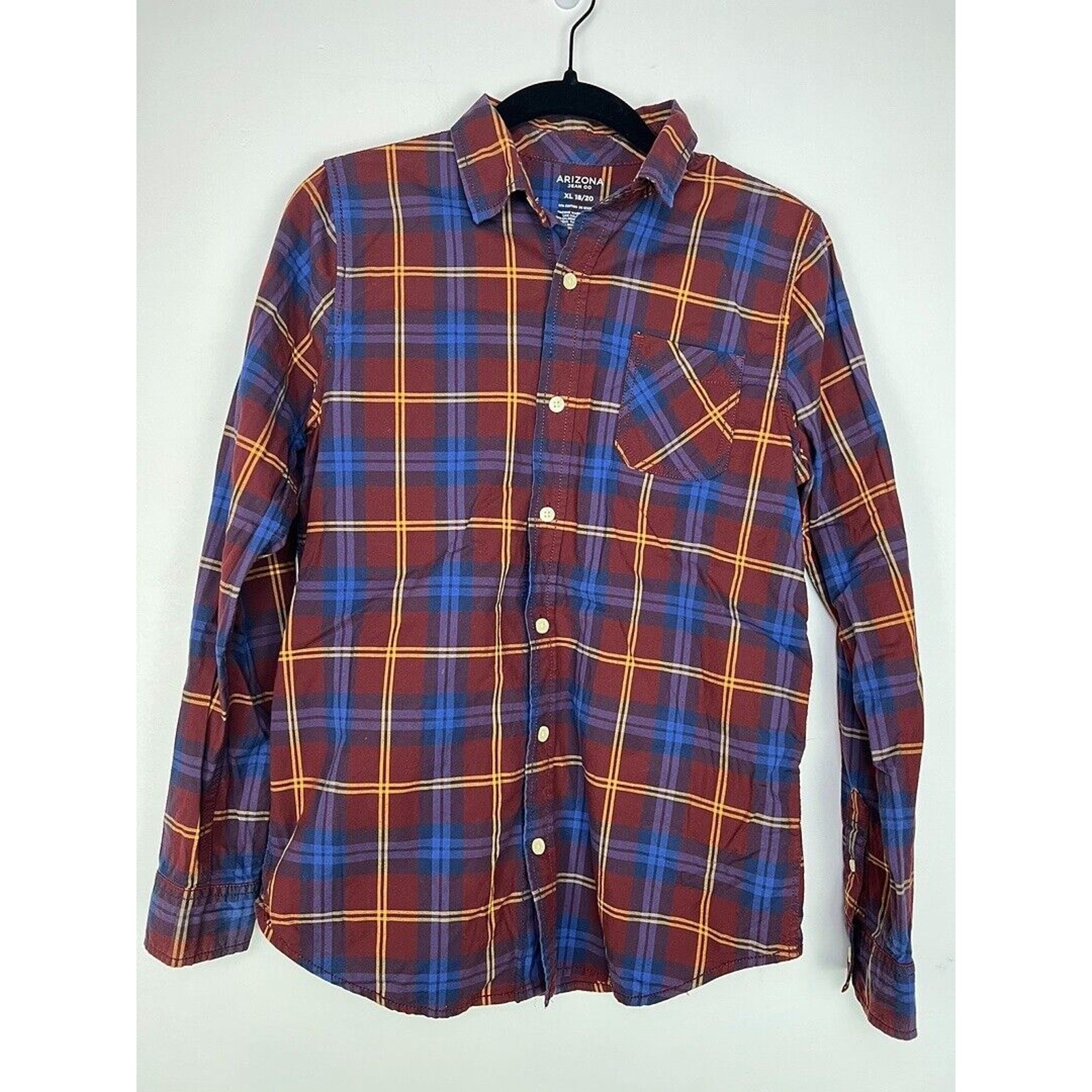Arizona Boys Plaid Long-Sleeve Button-Down Shirt XL 18/20 Red & Blue