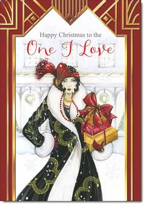 Doodlecards One I Love Christmas Card Art Deco Lady with Christmas Gift