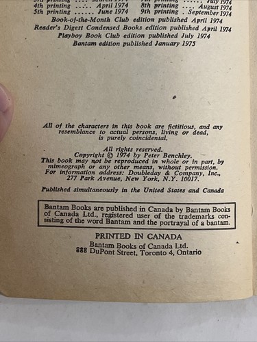 Jaws movie by Peter Benchley (PB Bantam 1974) 9th printing - FAIR - see desc. - Picture 15 of 24