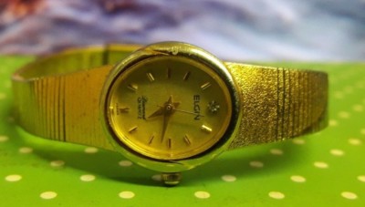 Women's Elgin Gold Plate & Diamond Watch EK511-007 new battery st