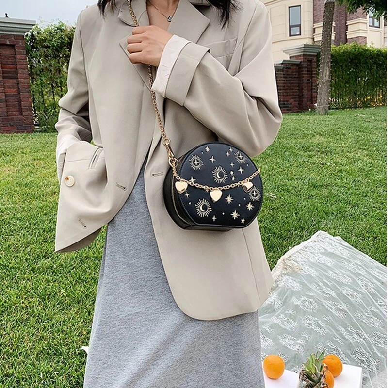 Starry Sky Gold Chain Round Bag Hippie Crescent Moon Stars Circular Shoulder Bag