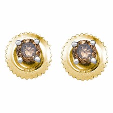 10kt Yellow Gold Round Brown Treated Diamond Solitaire Stud Earrings