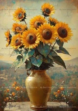 GOLDEN SUNFLOWERS ART PRINT, Rustic Floral Decor, Autumn Botanical Poster F439