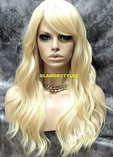 FULL WIG LONG LAYERED WAVY SIDE BANGS BLEACH BLONDE #613 HEAT OK NWT