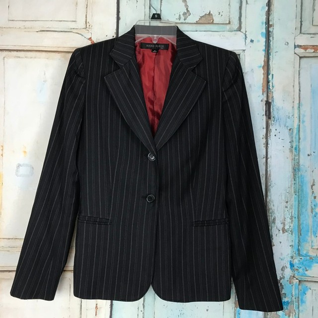 Women's ANNE KLEIN Black Pin Striped Blazer 2 Button SIZE 4 Red Lining