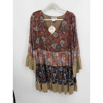 Paisley Vine Floral Tiered Mini Dress Womens XL Multi Brown Boho Bell  Sleeve NEW | eBay