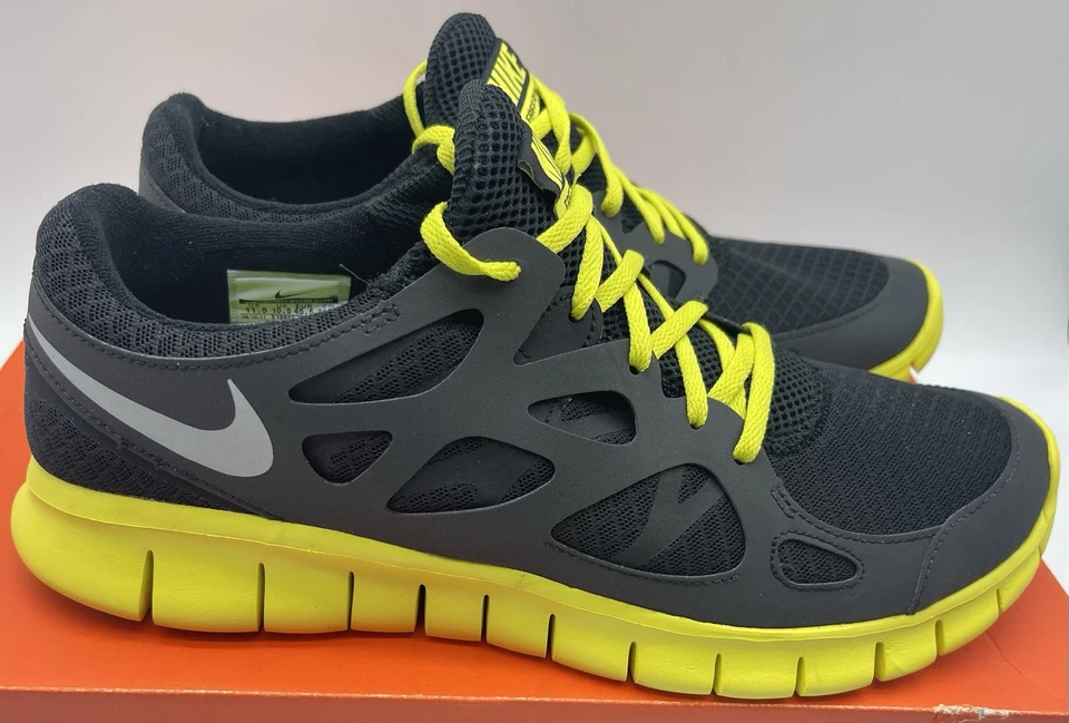 Nike Free Run +2, Black/Metallic Silver-Ellectric Lime 512933-003, Men’s Sz 11.5 - Photo 3/4