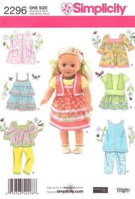 Simplicity 2296 ~ Clothes For an 18 inch Doll ~ Tops-Skirt-Overskirt-Pants-Shirt