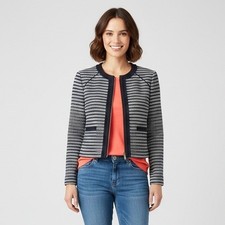 J.Crew Factory Striped Tweed Cropped Blazer Sz 12 Zip Jacket Navy Career Preppy