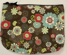 THIRTY ONE LARGE ZIPPER POUCH BAG COSMETICS TRAVEL BROWN FLORAL