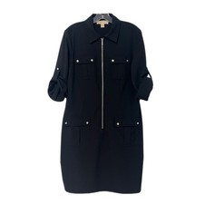 Michael Kors Utility Shirt Dress Women's Size L Black Zip Front Roll Tab Sleeves