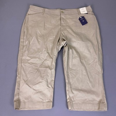 St Johns Bay Capri Pants Women's 18W Khaki Beige Mid Rise Easy Fit Cotton NWT