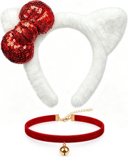 Cat Ears Headband Set with Cute Red Bow  Bell Necklace, White Cat Ears Headband