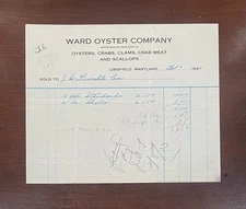 Ward Oyster Company Crisfield, MD Billhead Receipt 1934