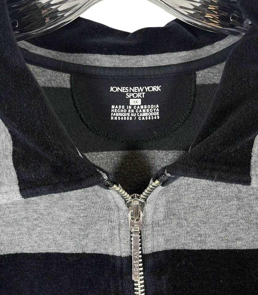 Jones New York Sport Sz 1X 1/4 Zip Black Gray Stripe Long Sleeve Top Velour - Image 3 of 4