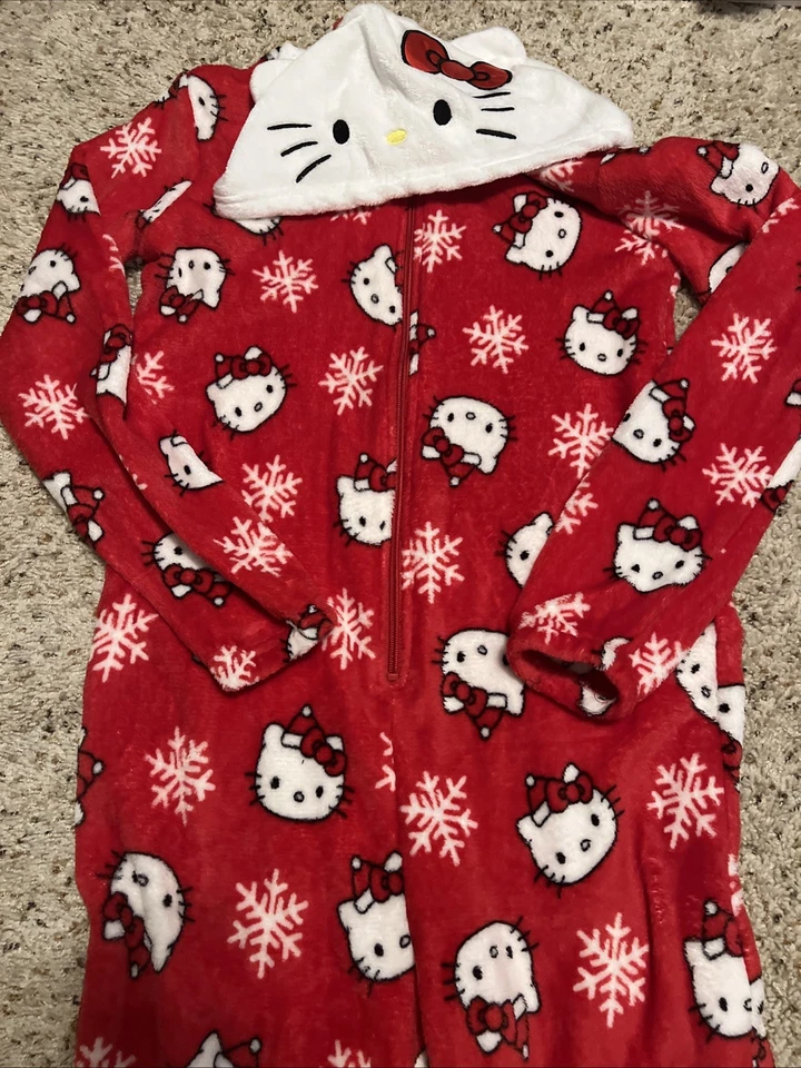Pijama Hello Kitty Navidad Vacaciones Con Capucha Una Pieza Rojo Pequeño Foto 3 de 4
