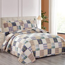 Beige Plaid Quilt Set King Size Country Patchwork Bedding Quilt Lightweight R...