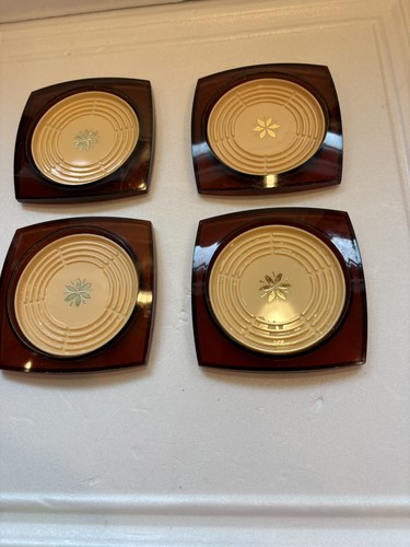 Set Of 4 Vintage Lucite Brown Amber Coil Drink Coasters Barware MCM 1970’s USA