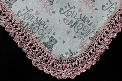 Baby Receiving Blanket LOVE YOU MOON & BACK Hand Crocheted Pink Edge Girl's