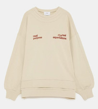 Zara Womens Sweatshirt Pullover Crop Embroidered Oversized Sand Small