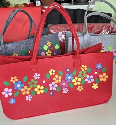 XXL Einkaufstasche Filz Shopper Tragetasche Schultertasche, Rot  Grau,  50/25/25