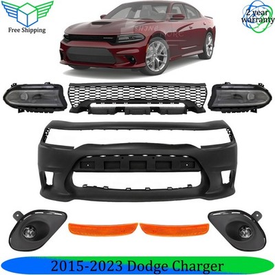 Front Bumper Cover Paintable & Headlights Kit For 2015-2023 Dodge Charger