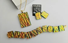Handcrafted Multicolor Fused Dichroic Glass Pendant, Earring, Bracelet Set