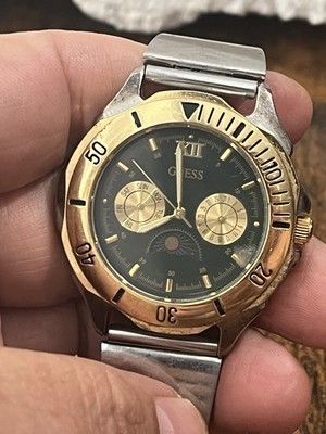 Vtg 1995 Guess Men's Quartz Watch Day date Moonphase Two-Tone 40mm Collectible