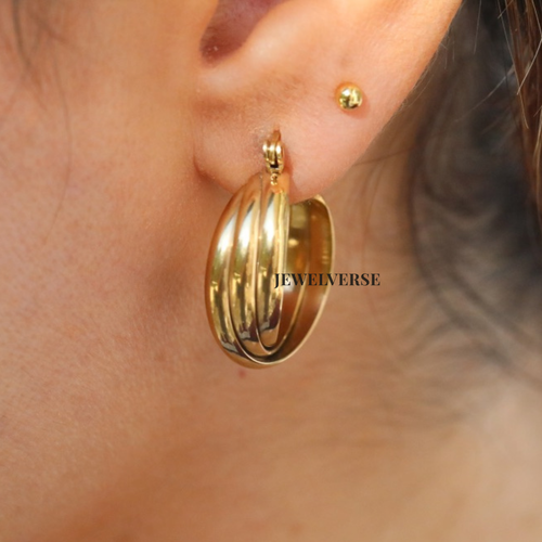 18K Gold-Filled Twisted Hoop Earrings-Triple Hoop Earrings-Gold Swirl Hoops