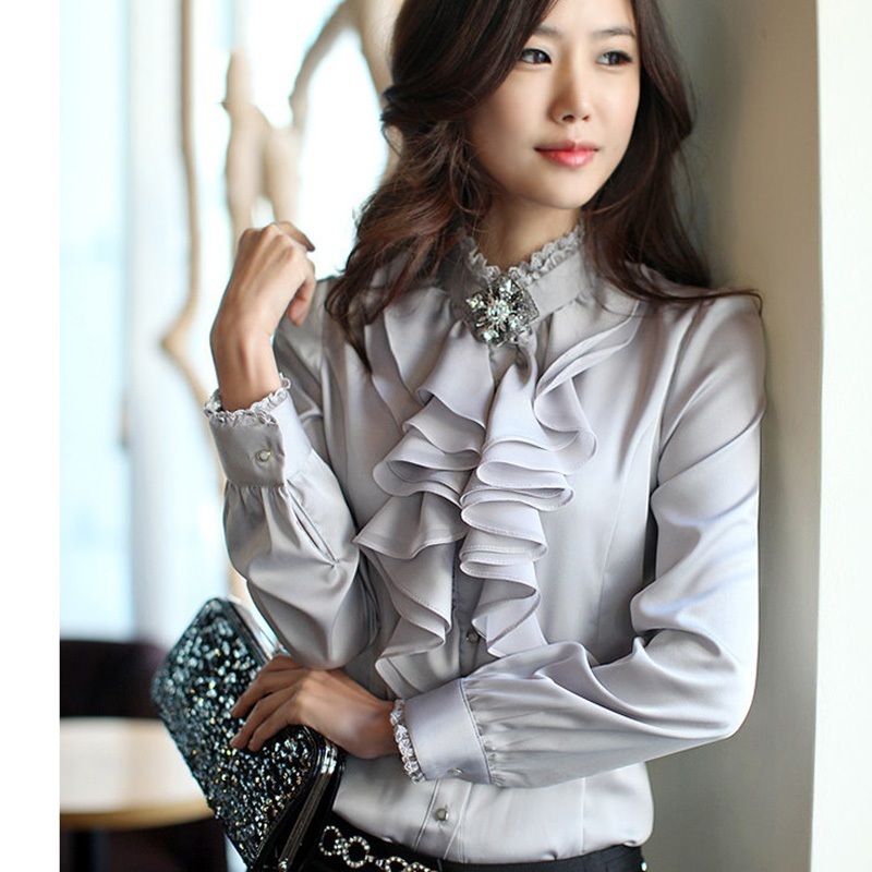 OL Women Satin Work Long Sleeve Formal Tops High Neck Frilly OL Women Satin Work Long Sleeve Formal Tops High Neck Frilly