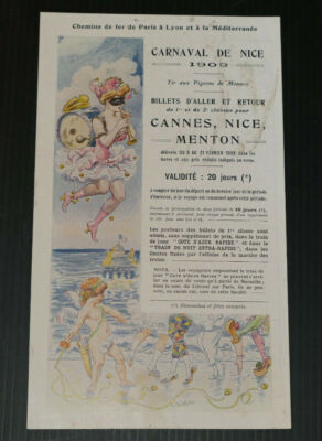 KARNEVAL VON NIZZA 1909 ALTE WERBUNG ZUG EISENBAHNEN PLM PREISE TICKETS