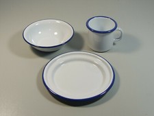 Email Emaille Set Kinder Geschirr Weiß Rand Royalblau Kinderbecher Kinderteller