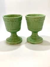 2 Matching Vintage Art Pottery Green Pedestal Vases Planters 6"