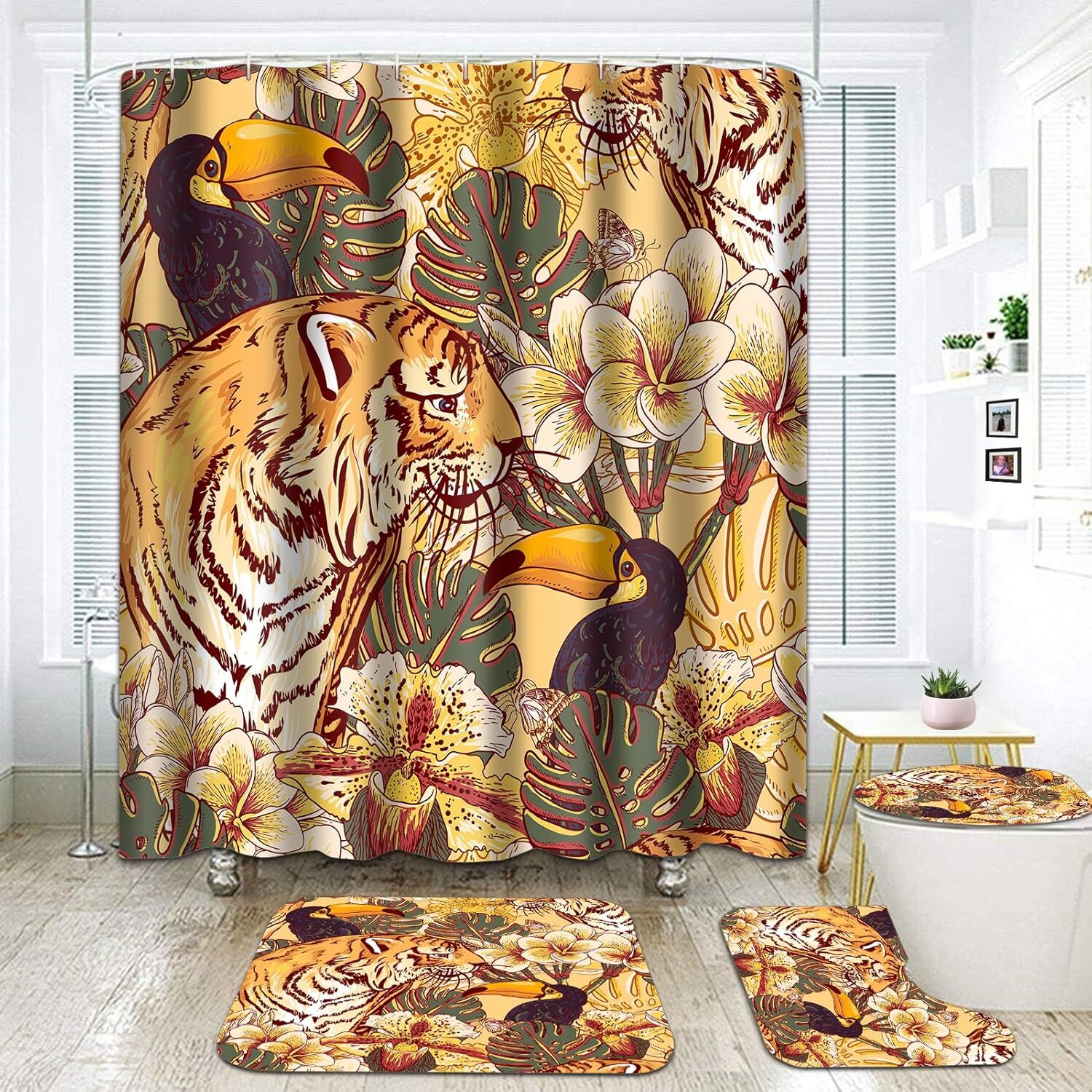 Tiger 4PCS Shower Curtain Cool Animal Bathroom shower curtain set, 03