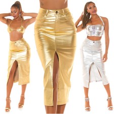 Gonna lunga midi denim oro argento passanti spacco vita alta elasticizzata nuova