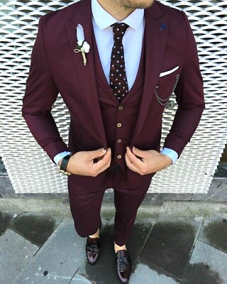 Men's Solid Maroon Piece Slim Fit Suit For Formal, Groom