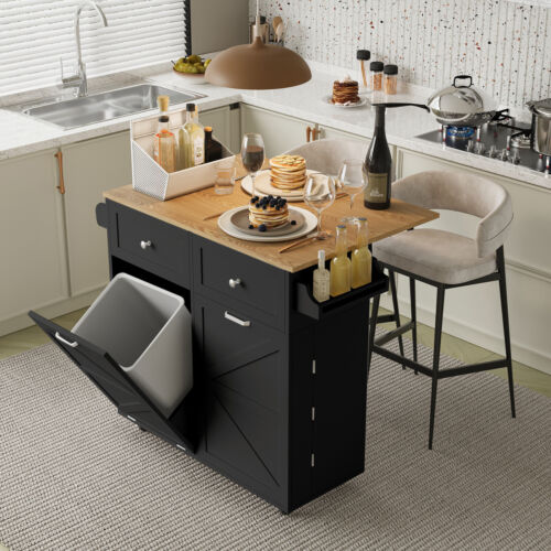Kitchen Island Trolley Cart Drop-Leaf Storage Cabinet 2 Drawers Wood Farmhouse