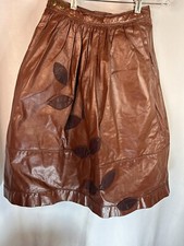 Vintage Leather Appliqu  Leaves Skirt Hippie Boho Tie 60s 70s Brown Pockets XS