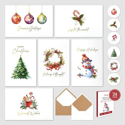 24 Pack Gold Foiled 6X4In Minimalist Watercolor Boxed Christmas Cards with Envel