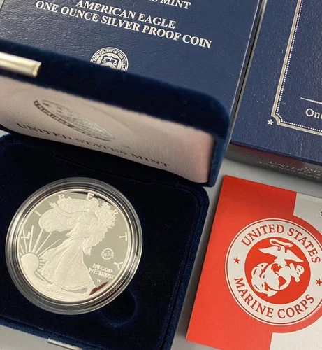 2025 P US Mint 1ozt .999 Silver Pf Eagle $1 w/Marine Corps Privy w/ogp L24549
