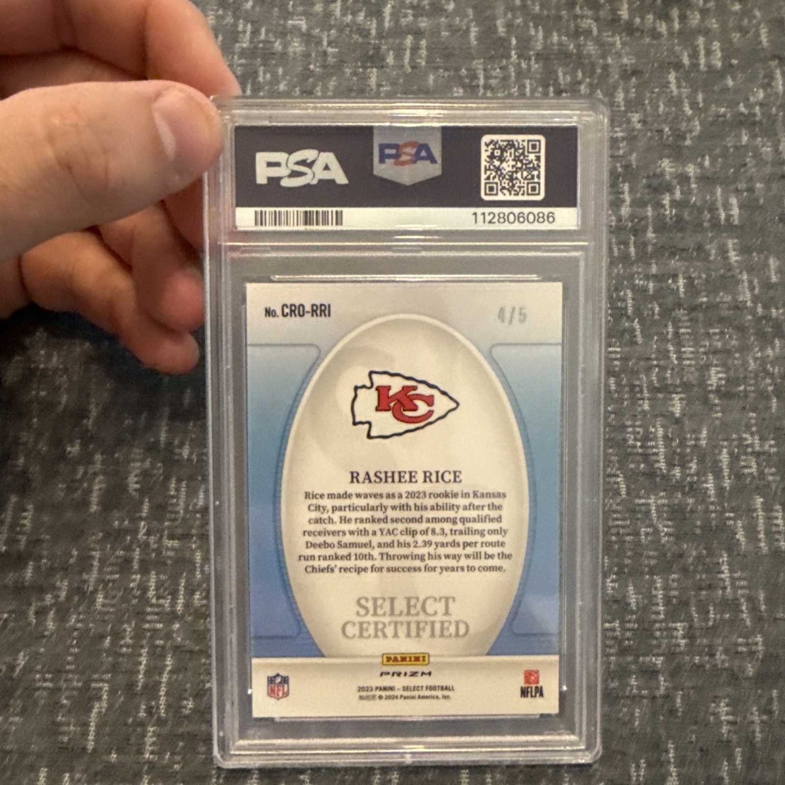 2023 Panini Select Rashee Rice Chiefs Certified Rookies Green Prizm /5 PSA 9 view 2