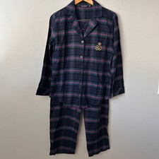 Lauren Ralph Lauren Womens Medium Brushed Twill Pajama Set Plaid Crest Logo