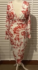Boohoo White Red Floral Fitted Sleeved Dress Size 12 Wedding or party 