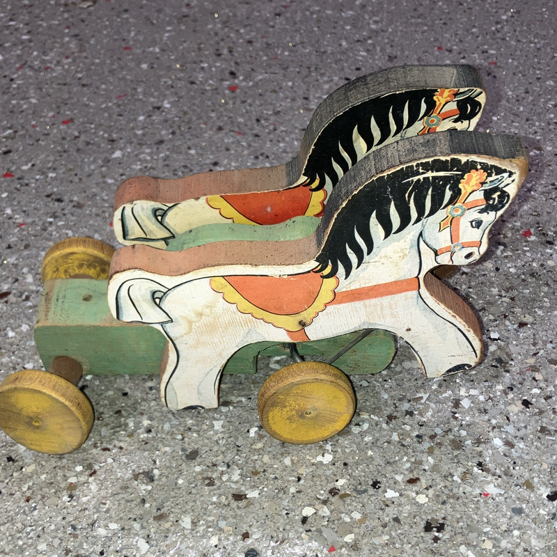 Vintage Wooden Horse Pull Toy on Wheels Painted Green Base White Horse