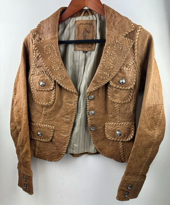 My Tribe Jacket Orange Thick Leather Whipstitch Lined Metal Button Small USA S
