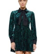 INA Green Velvet Burnout Puff Sleeve Front Bow Tie Mini Dress Sz M